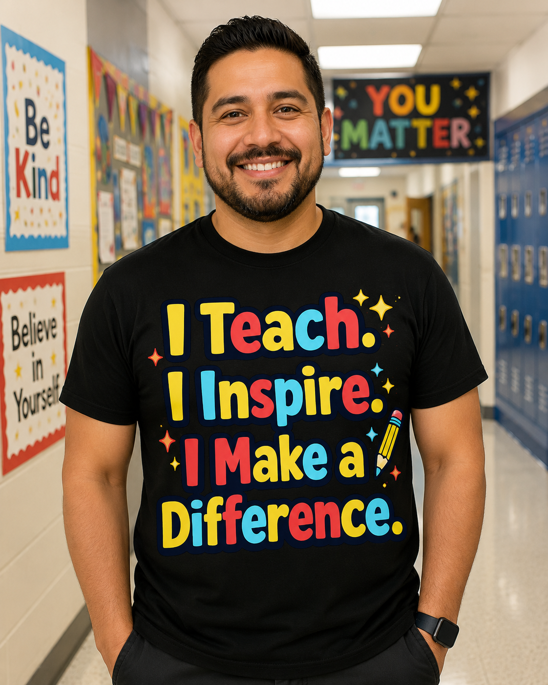 Teacher T-Shirt — "I Teach. I Inspire. I Make a Difference." Colorful Inspirational Tee