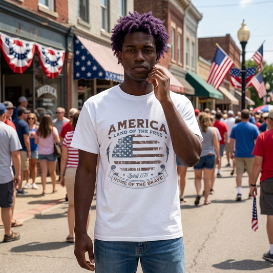 America Flag T-Shirt — "Land of the Free, Home of the Brave" Patriotic Tee
