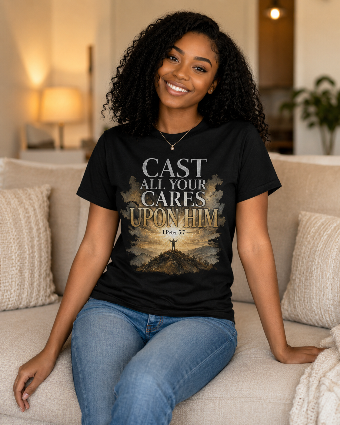 Cast All Your Cares Upon Him T-Shirt — Christian Faith Graphic Tee (1 Peter 5:7)