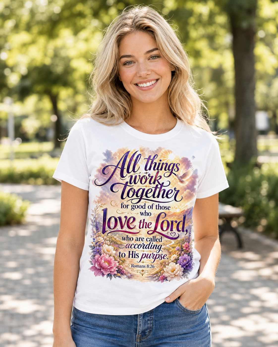 Christian Scripture Tee - "All Things Work Together" Romans 8:28 Floral Graphic