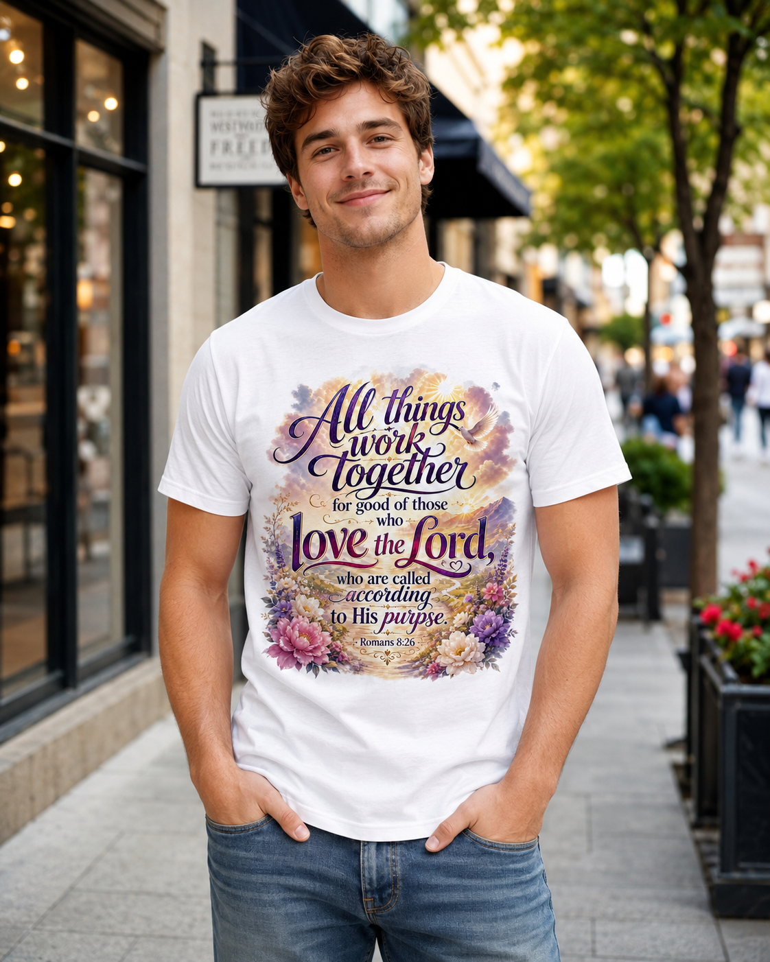 Christian Scripture Tee - "All Things Work Together" Romans 8:28 Floral Graphic