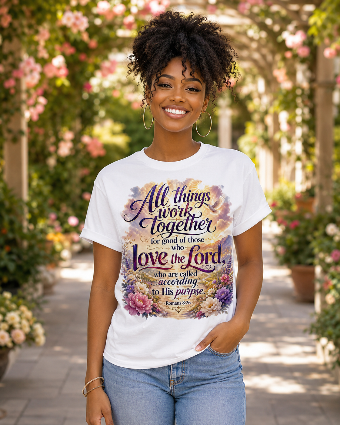 Christian Scripture Tee - "All Things Work Together" Romans 8:28 Floral Graphic