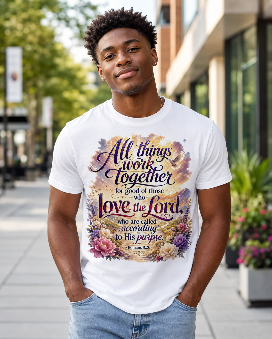 Christian Scripture Tee - "All Things Work Together" Romans 8:28 Floral Graphic