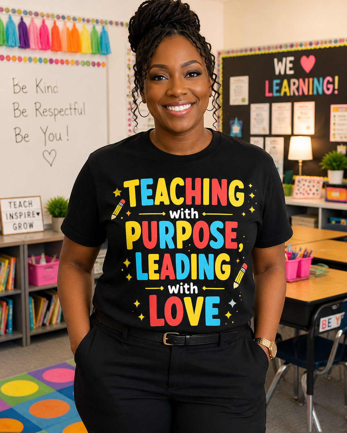 Teacher T-Shirt — "Teaching with Purpose, Leading with Love" Colorful School Pride Tee
