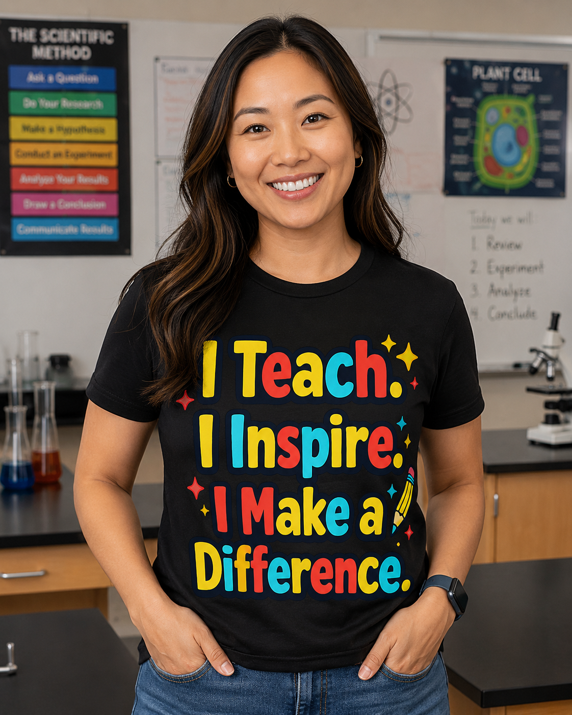 Teacher T-Shirt — "I Teach. I Inspire. I Make a Difference." Colorful Inspirational Tee