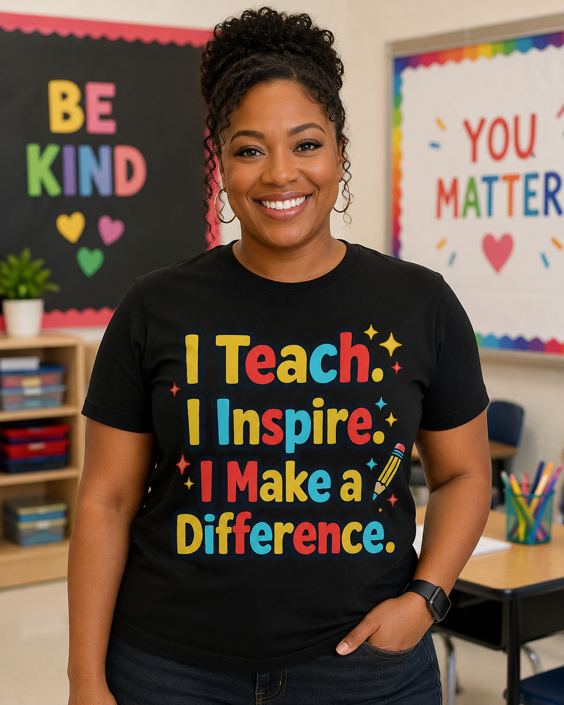 Teacher T-Shirt — "I Teach. I Inspire. I Make a Difference." Colorful Inspirational Tee