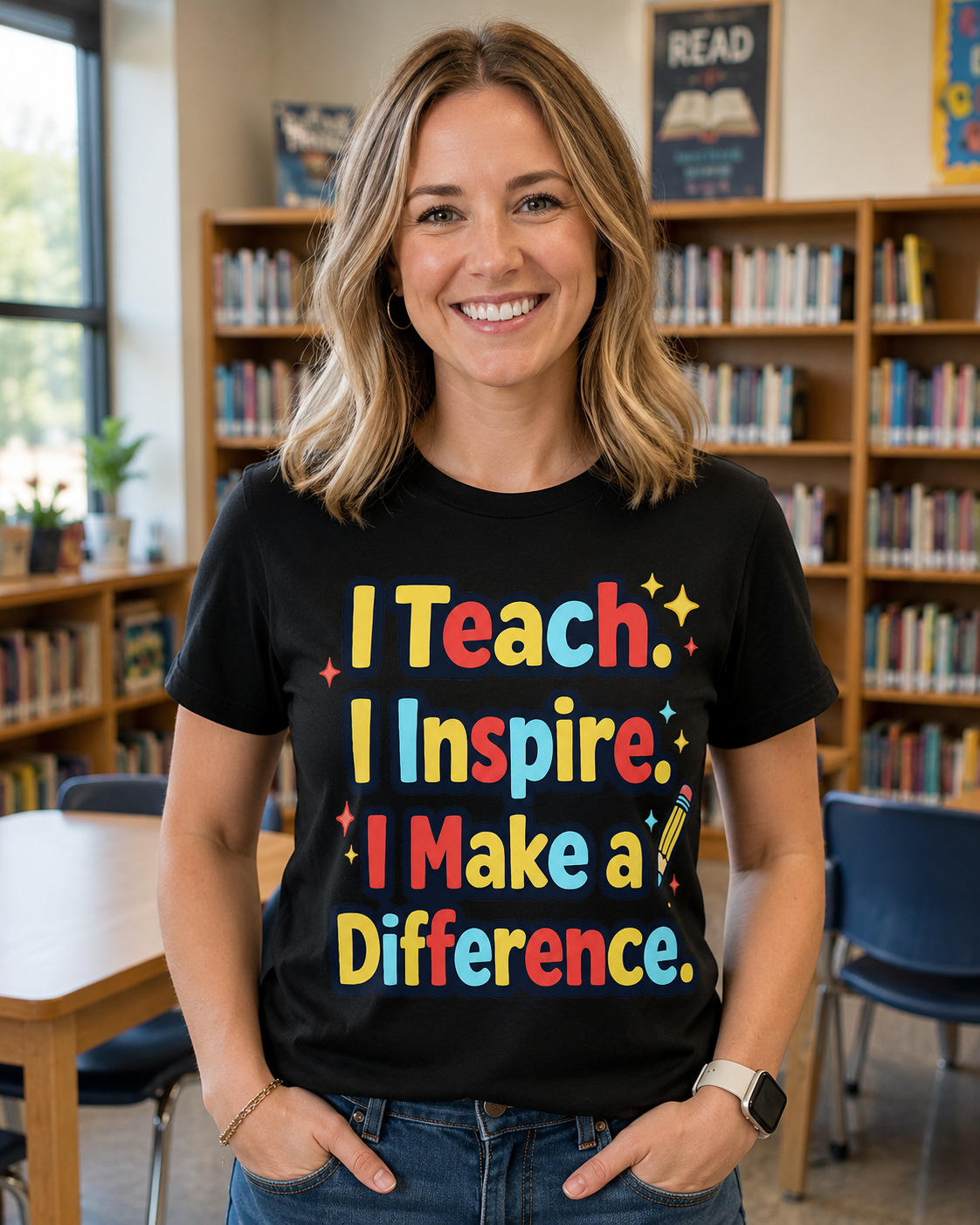 Teacher T-Shirt — "I Teach. I Inspire. I Make a Difference." Colorful Inspirational Tee