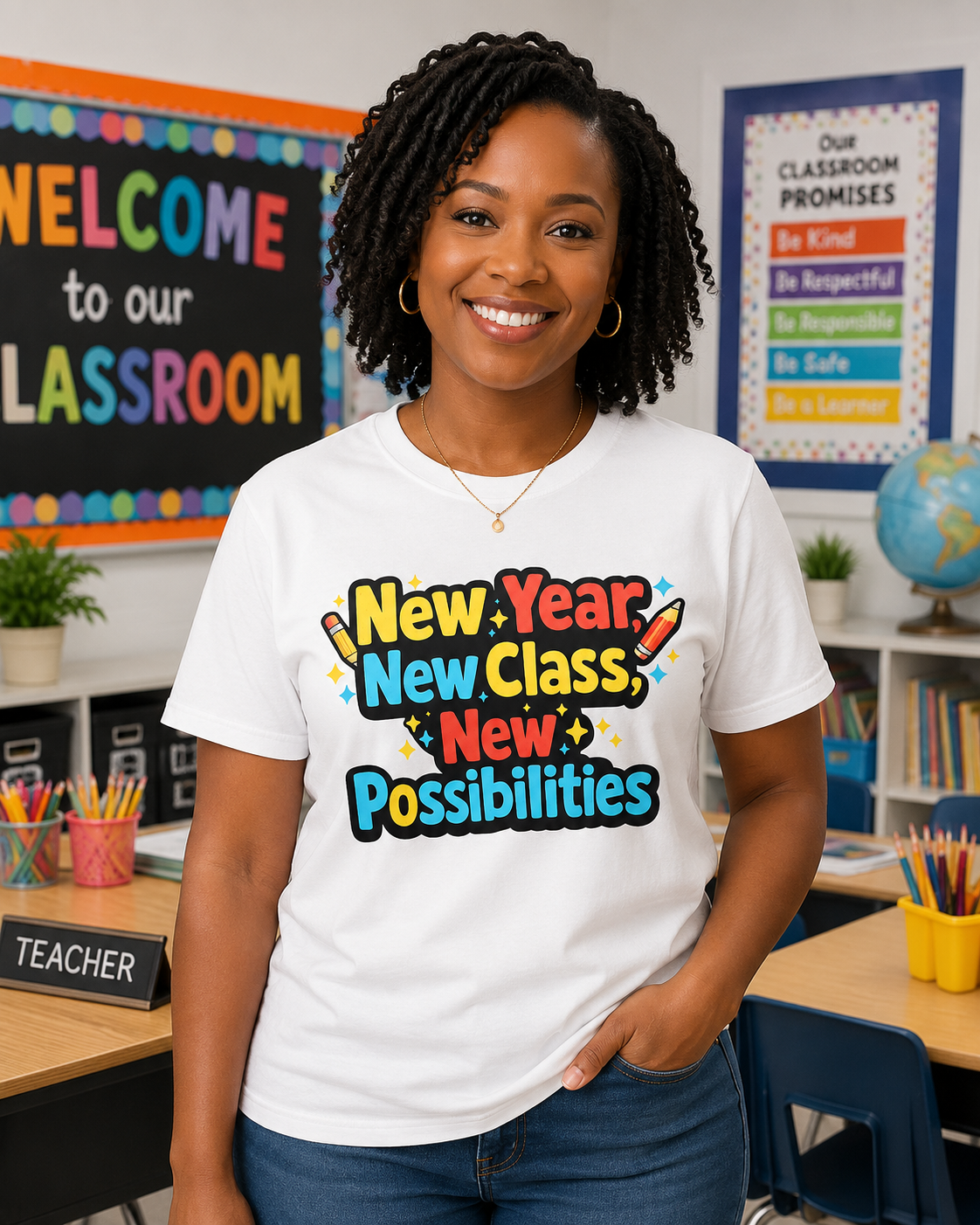 Teacher T-shirt New school year New Year, New Class, New Possibilities T-Shirt