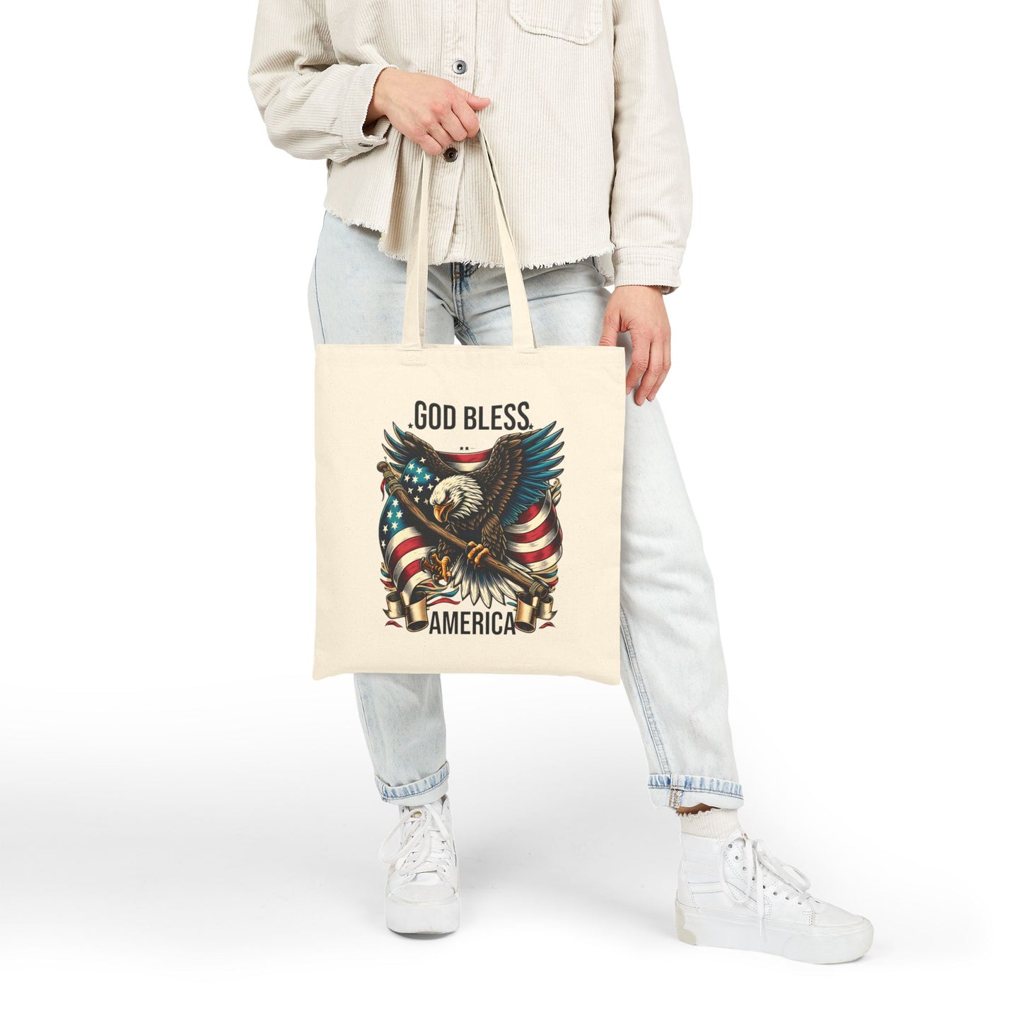 God Bless America Eagle Tote Bag — Patriotic Cotton Canvas Tote