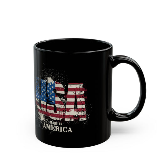 Made in America Flag Mug — Patriotic Black Coffee Cup (11oz/15oz)